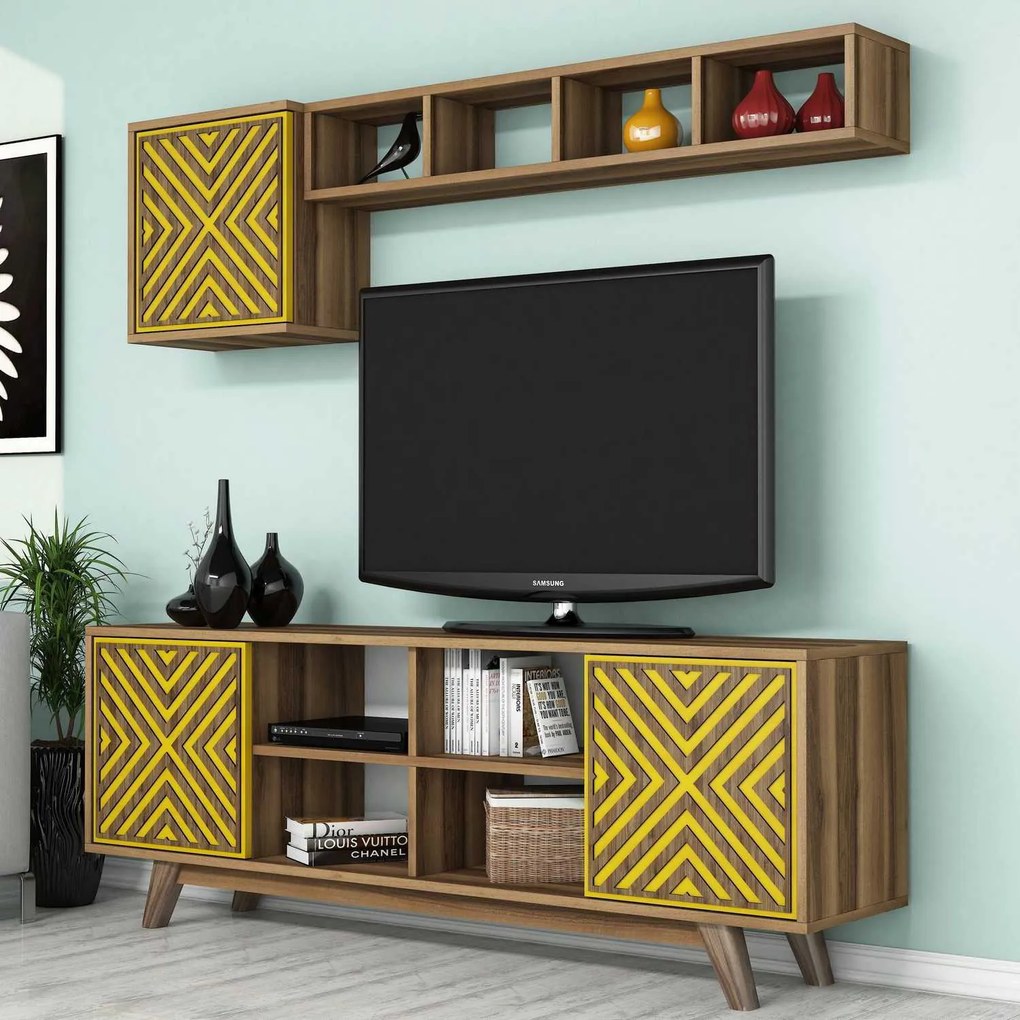Móvel TV Inci – Nogueira e Amarelo – 160x56,2x35 cm