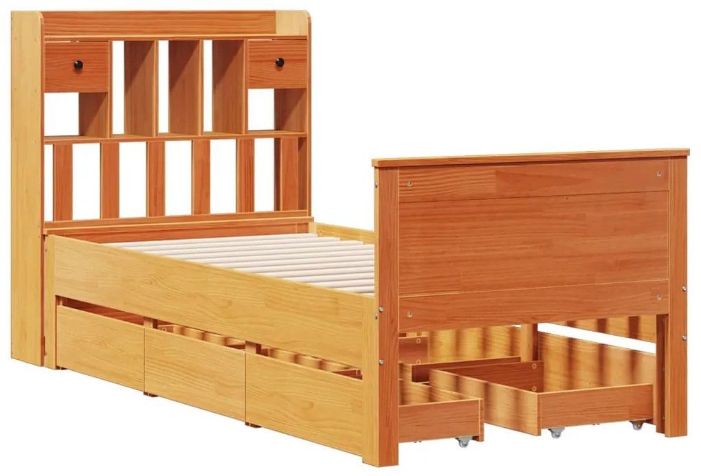 Cama com estante sem colchão 75x190cm pinho maciço castanho-mel