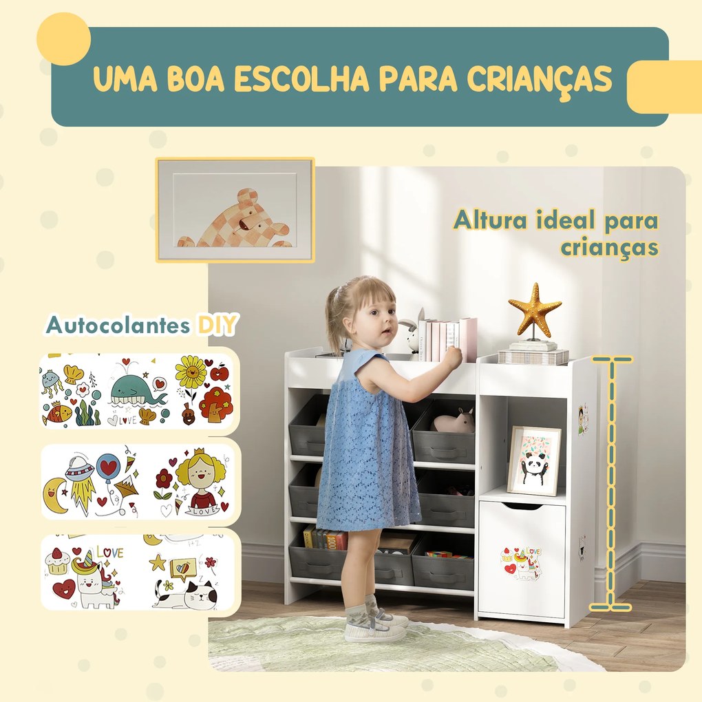 Organizador de Brinquedos para Crianças com 9 Cestos Amovíveis Compartimentos e Autocolantes  92x30x80 cm Branco e Cinza