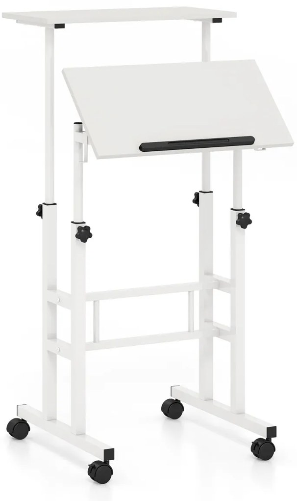 Secretária de pé para computador 60 x 30 x 72-124 cm com rodas Altura ajustável Tampo dividido e ângulo ajustável 2 ganchos Branco