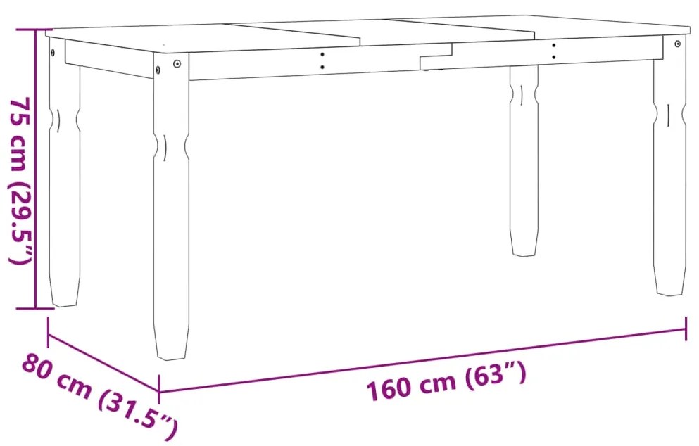 Mesa de jantar Corona 160x80x75 cm madeira pinho maciça cinza
