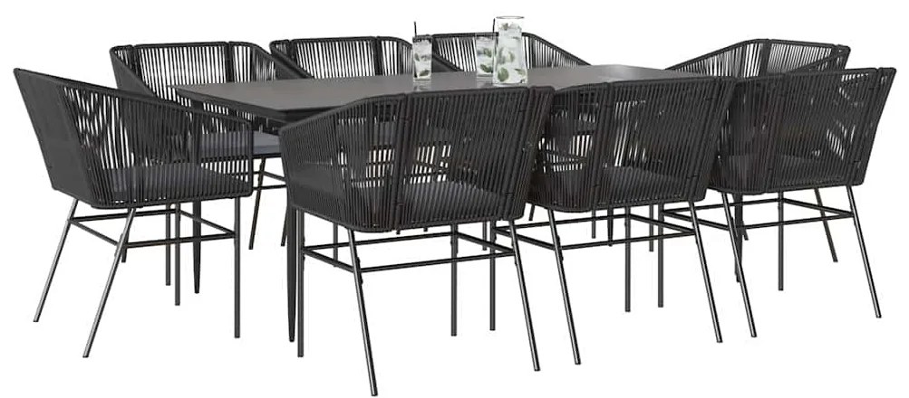 vidaXL Conjunto de jantar jardim 9 peças almofadas vidro vime PE preto
