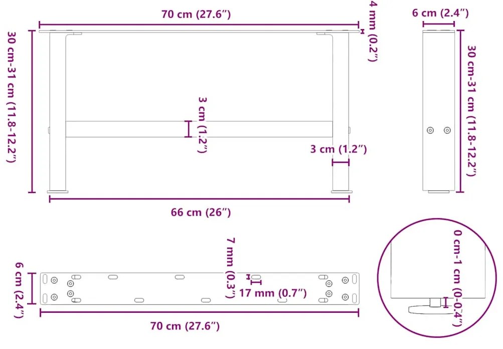 Pés para mesa de centro antracite 2 peças 70x(30-31) cm aço