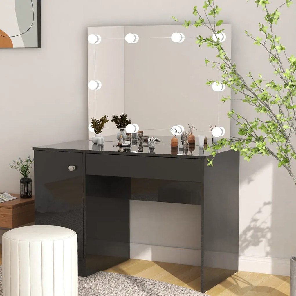 vidaXL Mesa de maquilhagem c/ LEDs 110x55x145 cm MDF preto brilhante