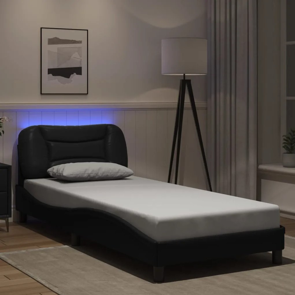 Estrutura de cama c/ luzes LED 90x190 cm couro artificial preto