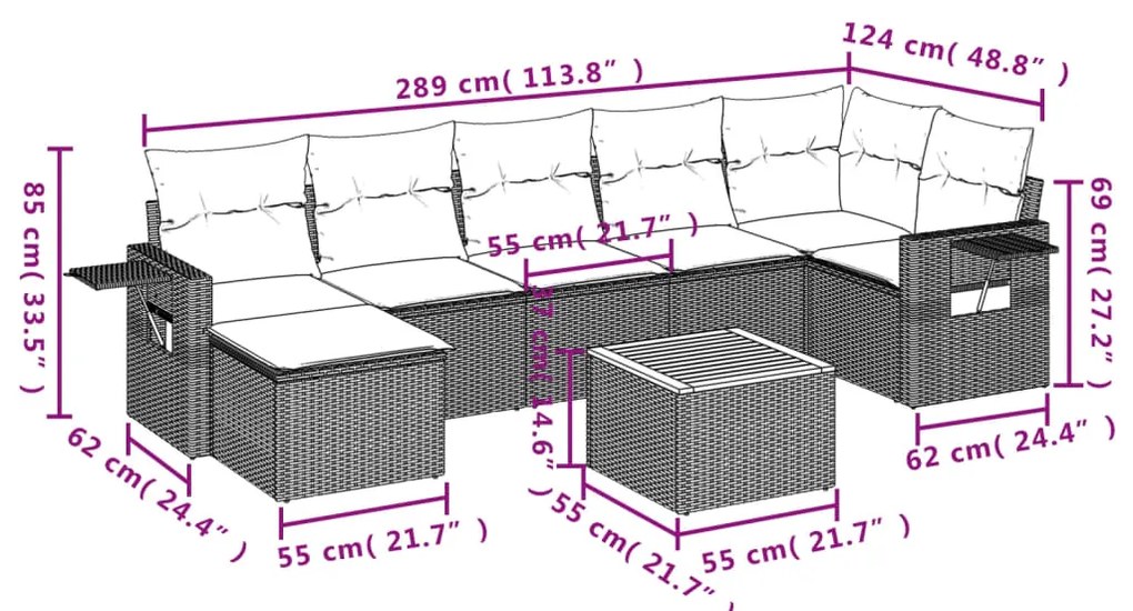 8 pcs conjunto de sofás p/ jardim com almofadões vime PE bege