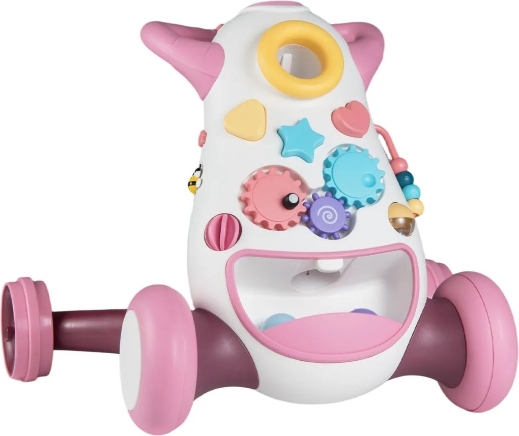 Andador Montessori para Bebés com Música Luzes Classificador Formas Engrenagens Giratórias Rosa