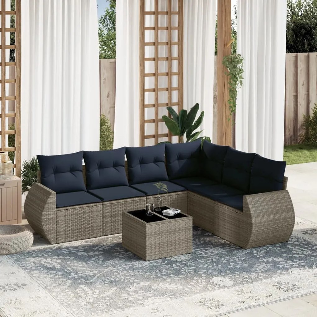 vidaXL 7 pcs conjunto sofás p/ jardim c/ almofadões vime PE cinzento