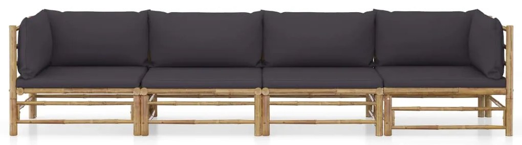4 pcs conj. lounge jardim em bambu c/ almofadões cinza-escuro