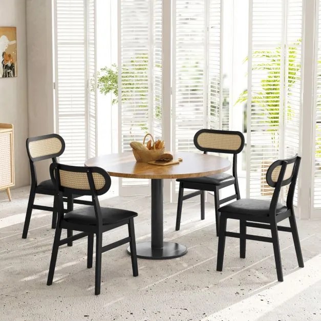 Conjunto de 2 cadeiras de jantar de madeira para interior com assento almofadado e encosto de cozinha em rattan com cobertura em pele sintética Preto