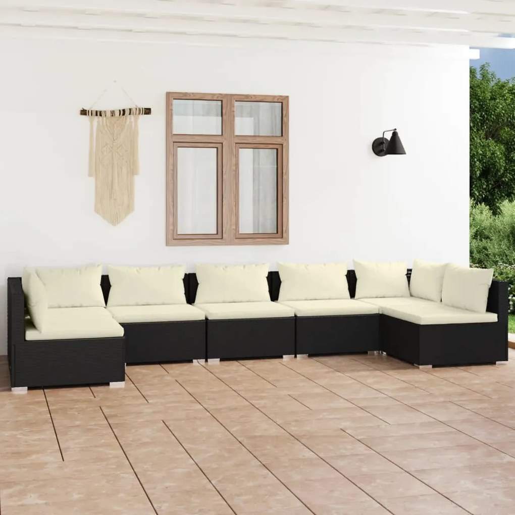 vidaXL 7 pcs conjunto lounge de jardim c/ almofadões vime PE preto