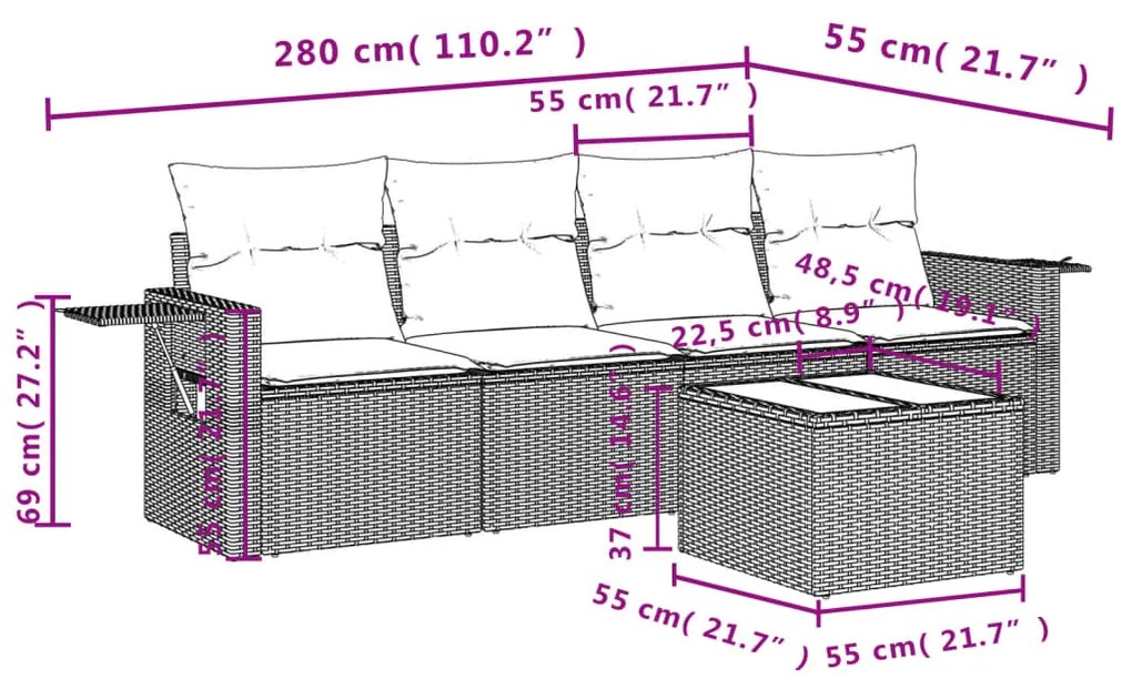 5 pcs conjunto sofás de jardim c/ almofadões vime PE cinzento