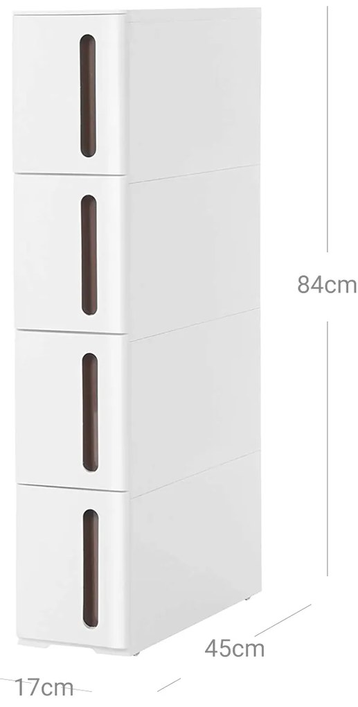 Estante estreita casa de banho ou cozinha com 4 gavetas 45 x 17 x 84 cm branca