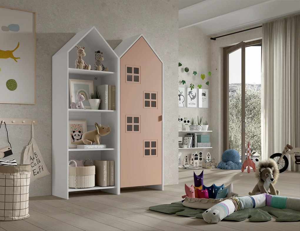 Conjunto 1 armario Guarda Roupa infantil + estante infantil coleção CASAMI Branco e Rosa