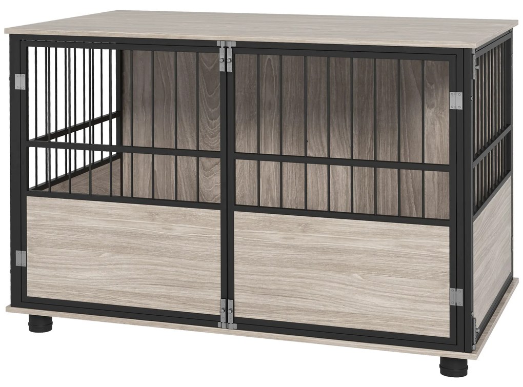 PawHut Gaiola para Cães 2 em 1 Móvel com tampo 100x60x68 cm 3 portas com fecho efeito Cor Nogueira e Preto | Aosom Portugal