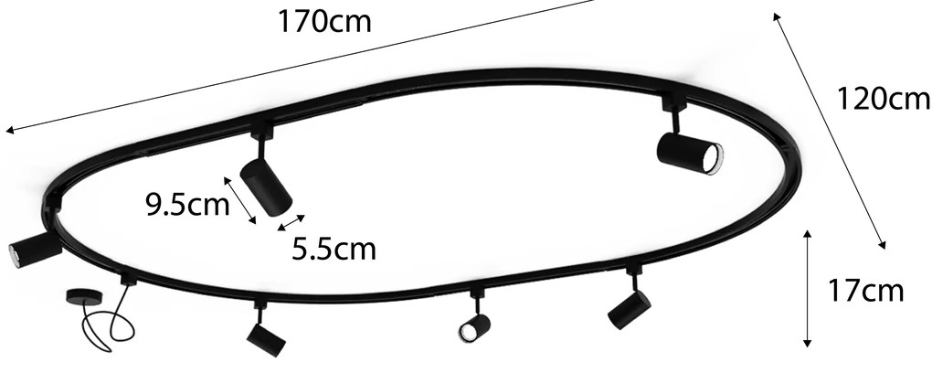 Sistema de iluminação de trilho moderno com 6 focos pretos, monofásico, oval 100cm - Iconic Jeana