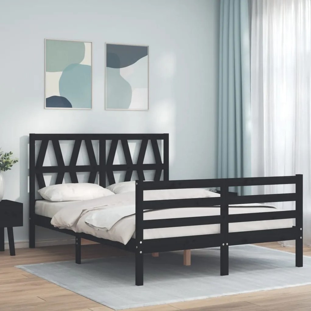 Estrutura de cama de casal com cabeceira madeira maciça preto