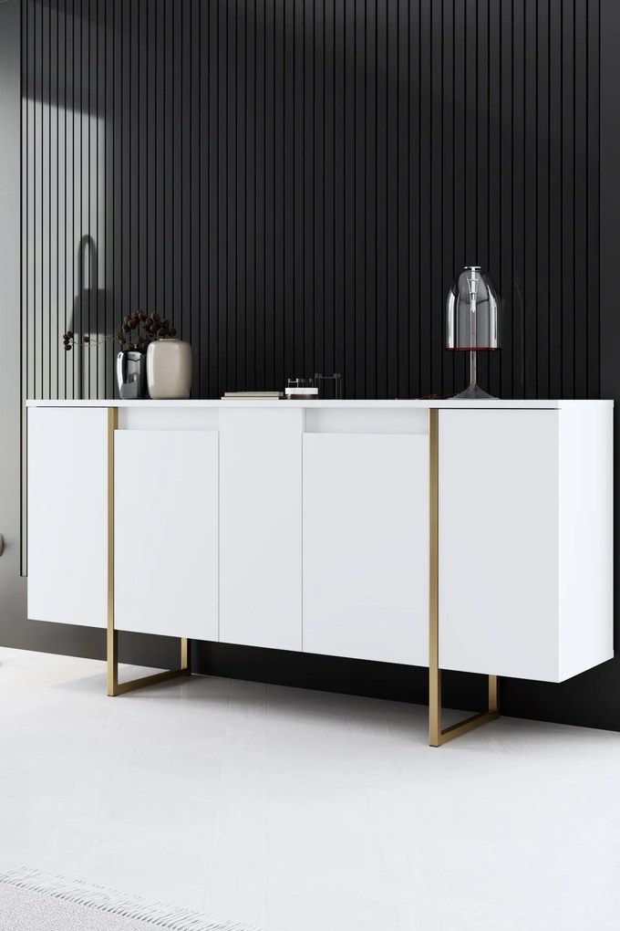 Aparador "Madrid" com 4 Portas - Branco e Dourado - 160x80x35 cm - Des