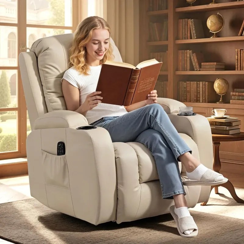 Poltrona de Massagem Reclinável até 145° com 8 Pontos de Massagem por Vibração Função de Aquecimento 82x99x103 cm Creme