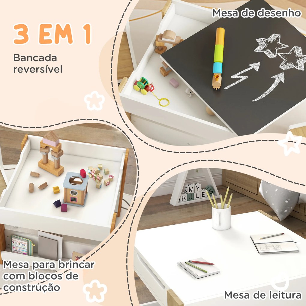 Conjunto de Mesa e 2 Cadeiras Infantis 2 em 1 com Ardósia Gavetas de Tecido e Espaço de Armazenamento para Quarto Cinza, branco e madeira