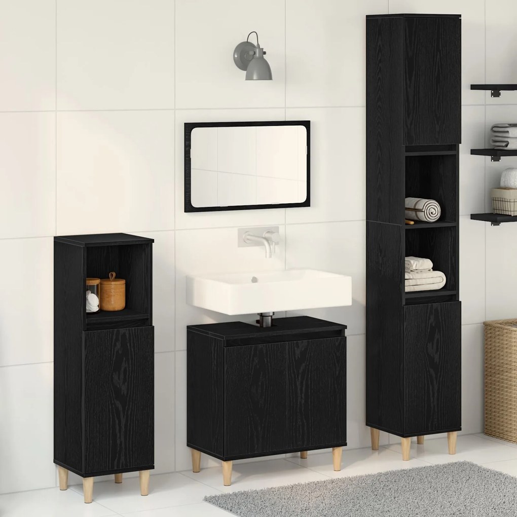 Conjunto de Móveis de Casa de Banho 3 Peças Carvalho Preto Madeira Eng