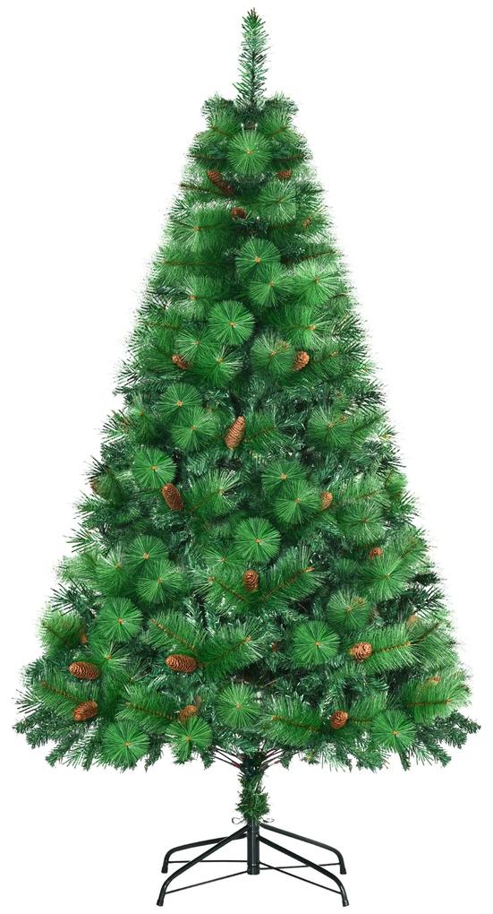 Árvore de Natal Artificial 180cm com 782 Ramos 56 Pinhas Folhas de PVC Base Dobrável e Suporte Metálico Decoração de Natal para Interiores Verde
