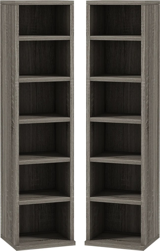 Conjunto de 2 estantes verticais para arrumação de CDs e DVDs, com 12 compartimentos, 21 x 22,5 x 88,5 cm, capacidade para 204 CDs, cinzento escuro