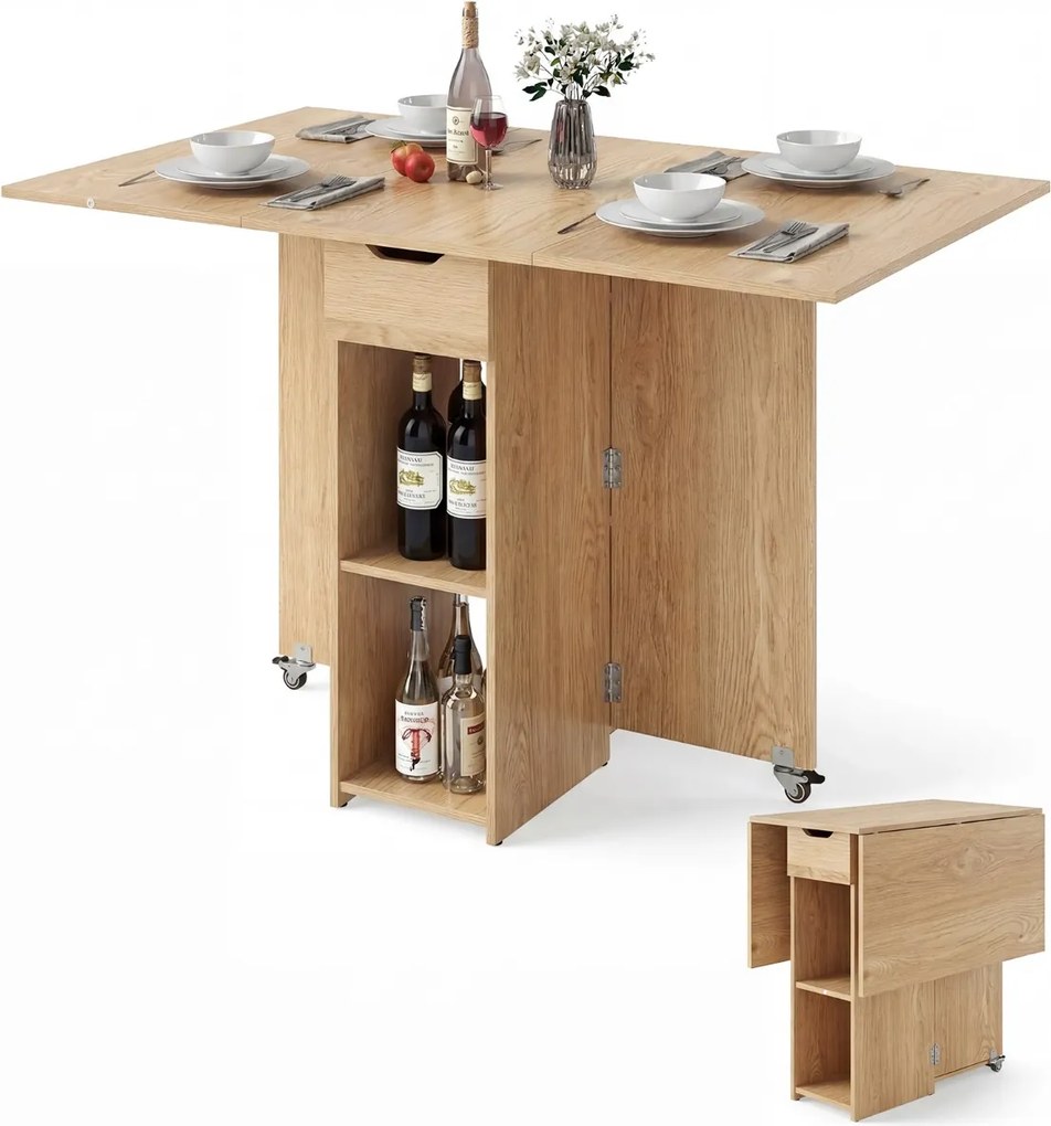 Mesa de jantar extensível 120 x 72 x 75 cm com 2 rodas; mesa de cozinha dobrável com prateleira, gaveta de 2 compartimentos e abas rebatíveis Natural