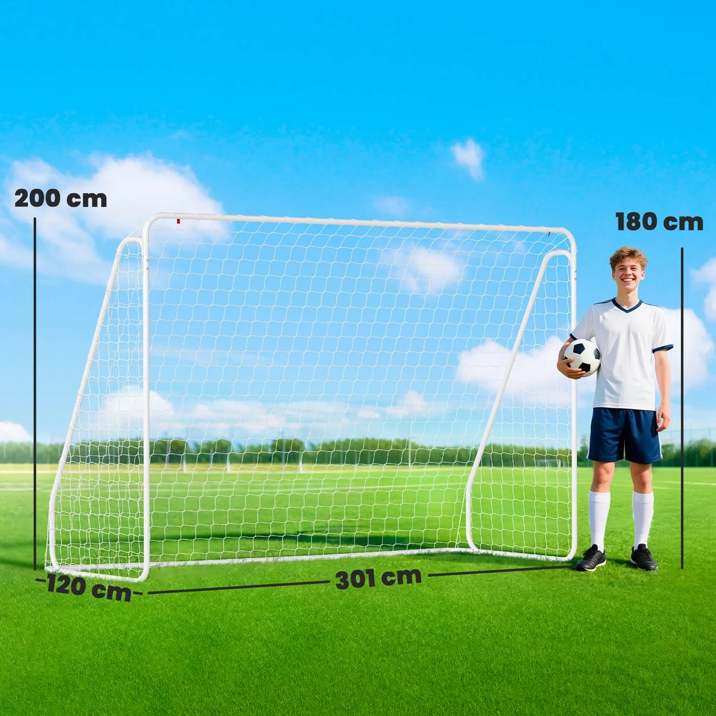 Baliza de futebol - baliza de treino - dim. 301 x 120 x 200 cm - estrutura metálica com revestimento epóxi e rede em PE - estacas incluídas - branca