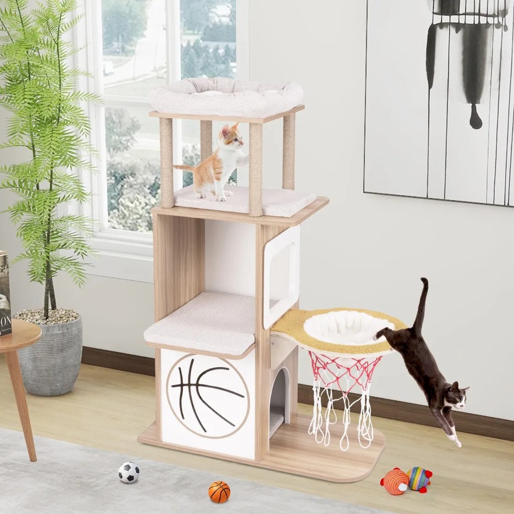 Arranhador para gatos 120cm  tema desportivo 5 decks com poleiros  Rede de dormir natural