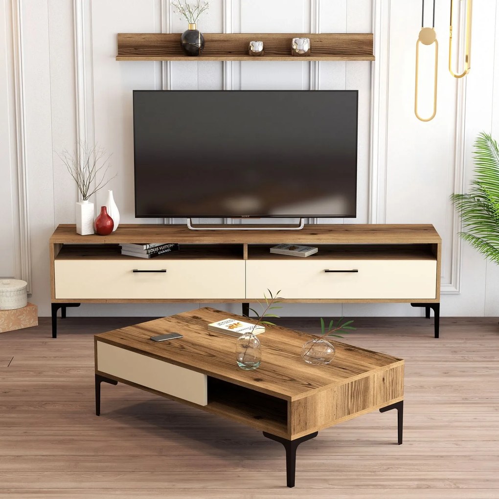 Conjunto de Mobiliário de Sala Istanbul – Nogueira e Creme – Medidas V