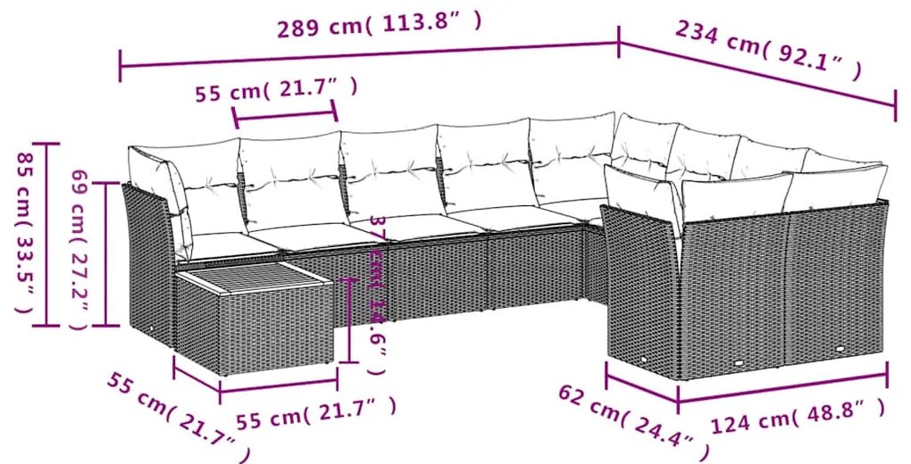 10 pcs conjunto sofás p/ jardim c/ almofadões vime PE cinzento