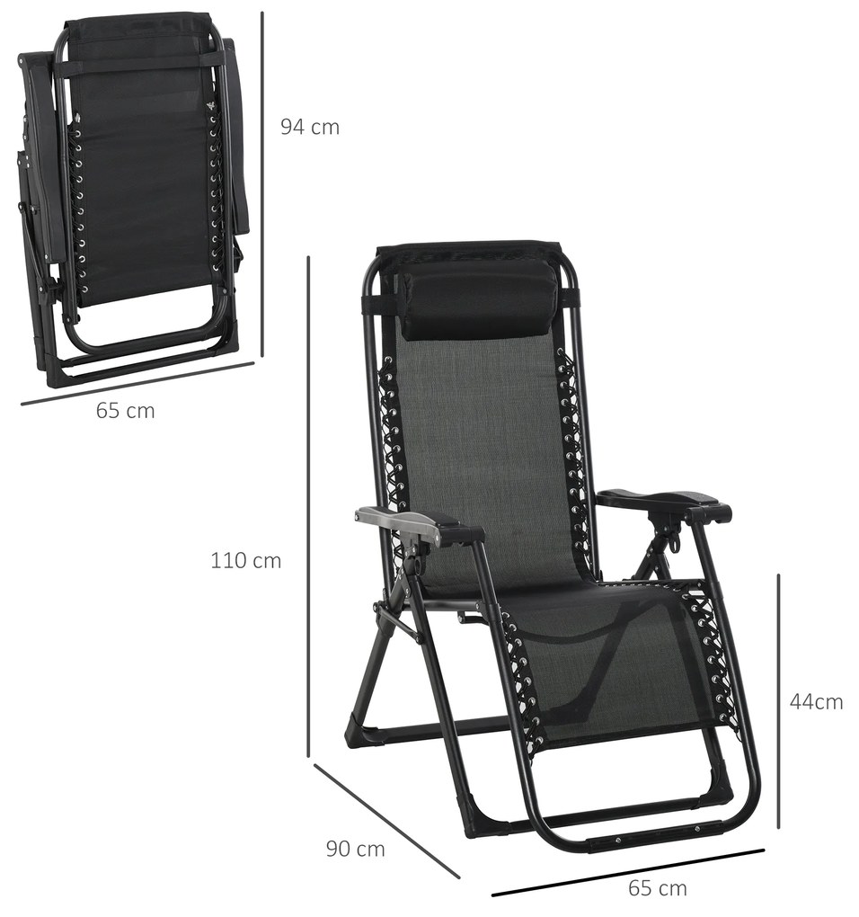 Outsunny Cadeira reclinável dobrável com almofada removível acolchoado de textilene Porta-copos para pátio jardim praia Carga 150 kg 90x65x110 cm Cinza