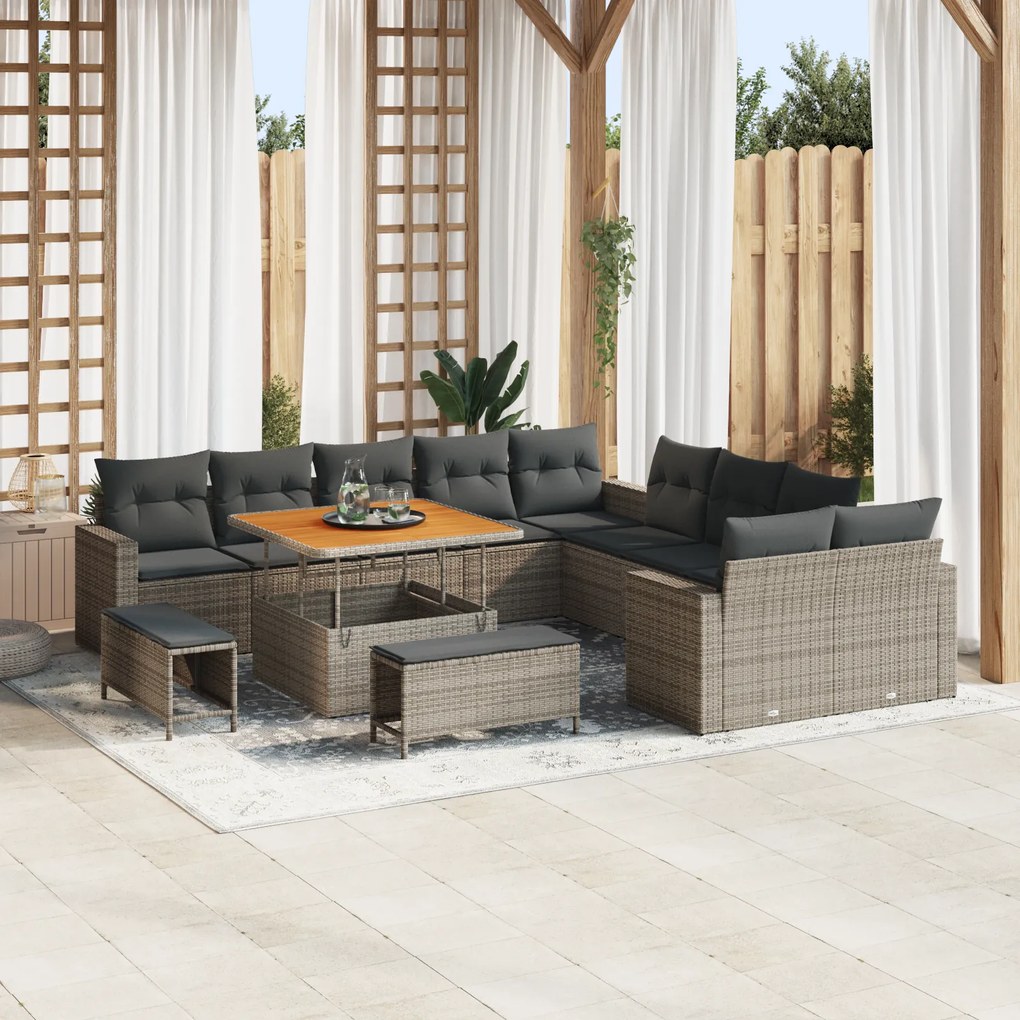 Conjunto de Sofá de Jardim de 13 Peças com Almofadas Cinza Poli Rattan