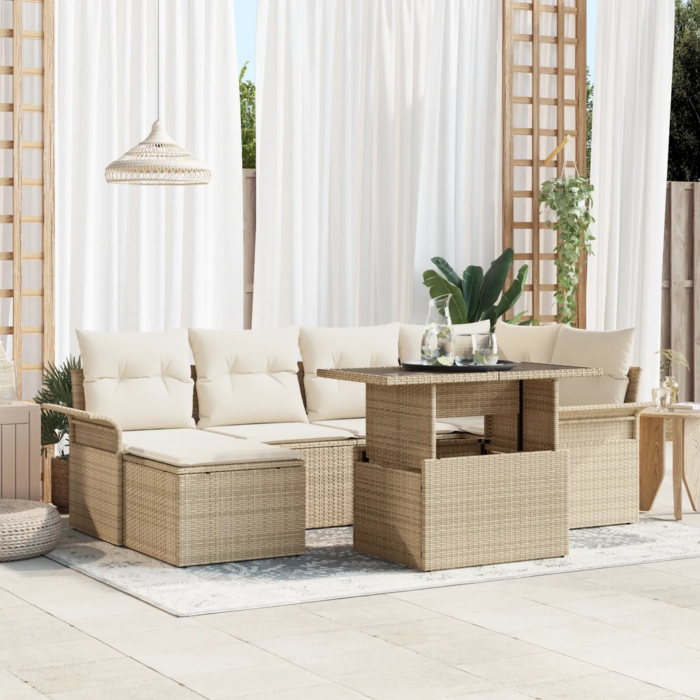 vidaXL Conjunto de Sofá de Jardim com 7 Peças com Almofadas Bege Rattan PE