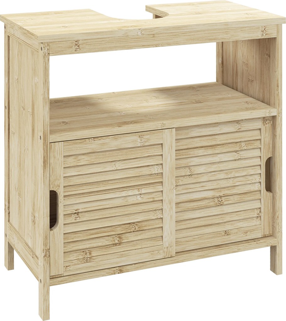 Móvel para Lavatório Pousar (NÃO INCLUIDO) em Bambu com Portas Deslizantes de Ripas Compartimento Aberto 60x30x60 cm Madeira
