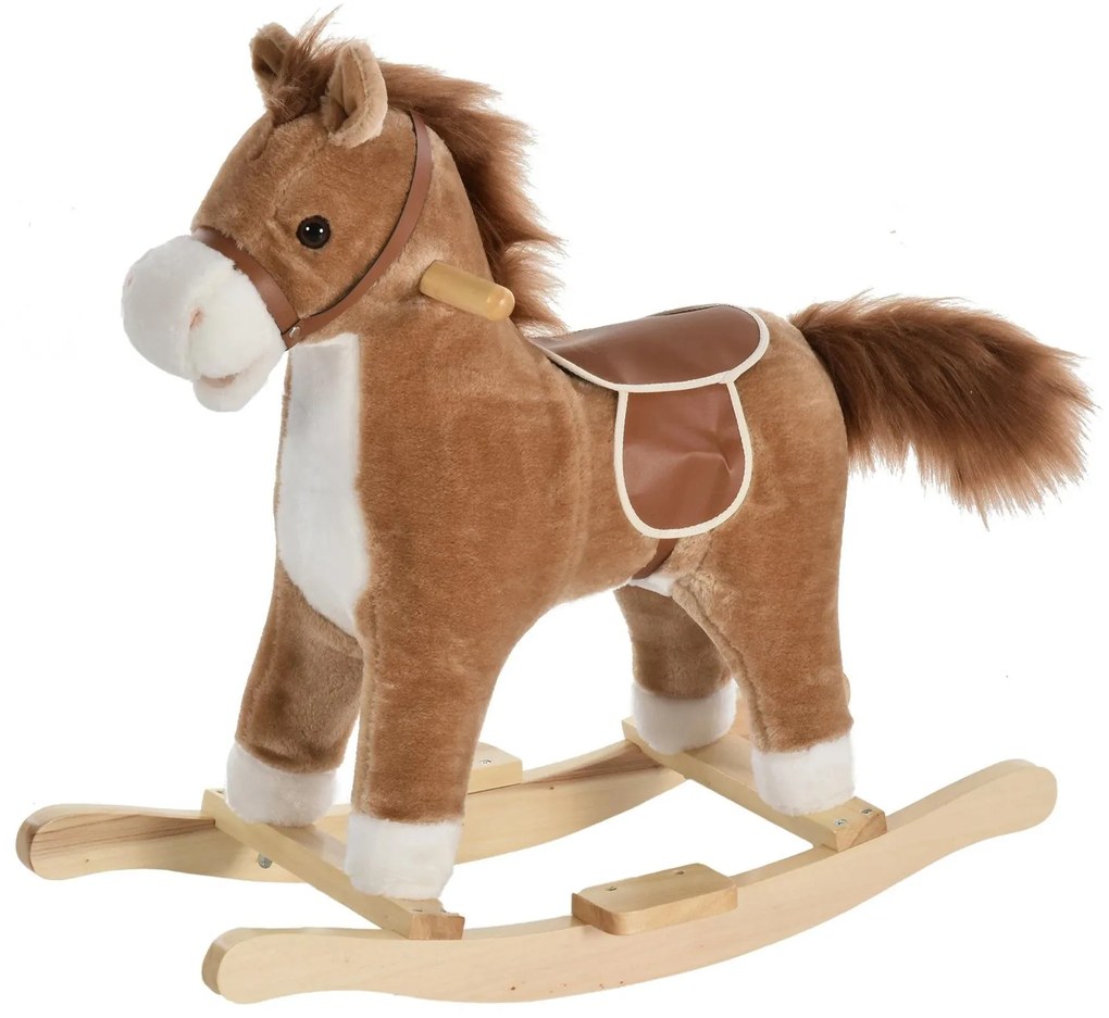 HOMCOM Cavalo de balanço para crianças acima de 36 meses Com boca e cauda móveis Música 65x32,5x61 cm Marrom