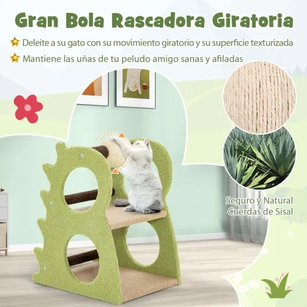 Arranhador moderno para gatos de interior com 2 níveis, bola giratória para arranhar, tecido felpudo e suporte para trepar verde e bege