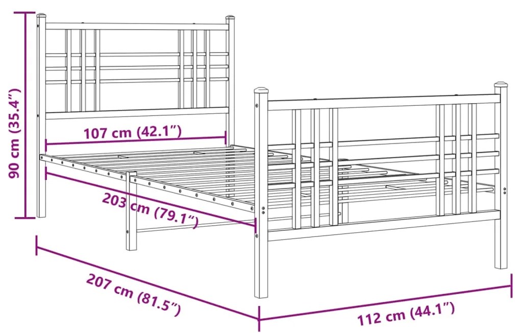 Estrutura de cama com cabeceira e pés 107x203 cm metal branco