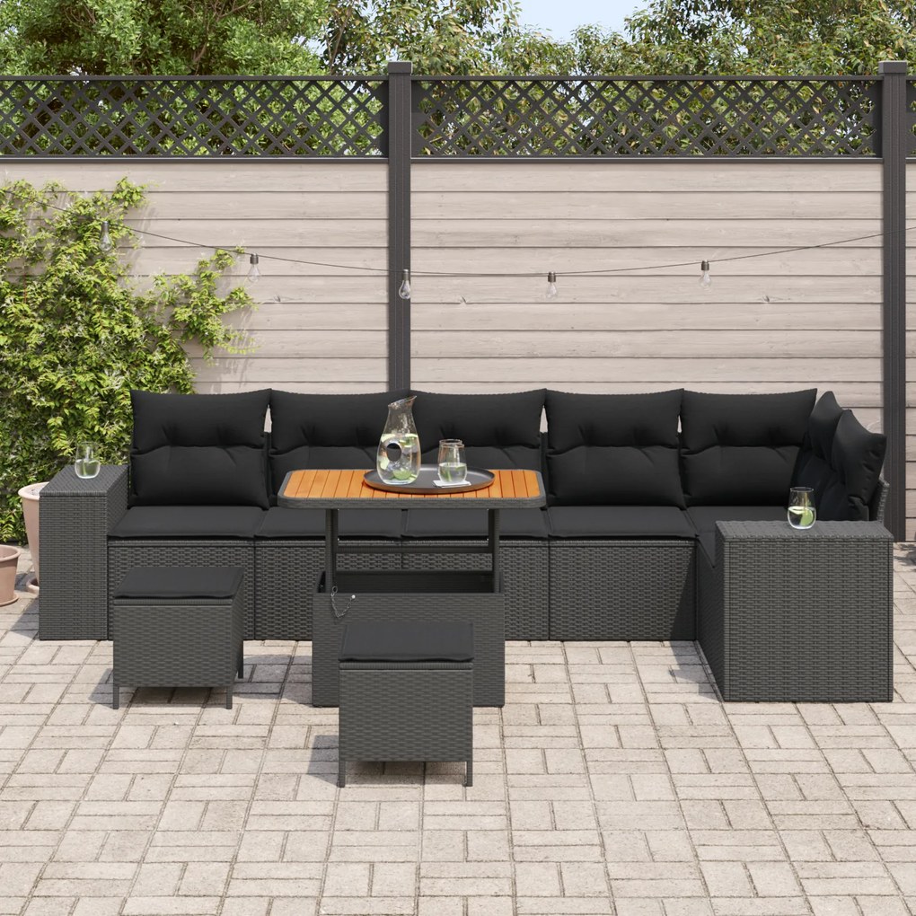 Conjunto de Sofás de Jardim 9 Peças com Almofadas Preto Rattan Poliést