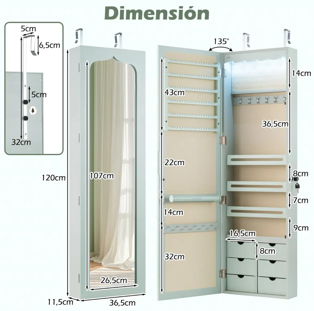 Armário para joias com espelho, iluminação LED 36,5 x 11,5 x 120 cm, fechadura para montar na porta e na parede, Verde