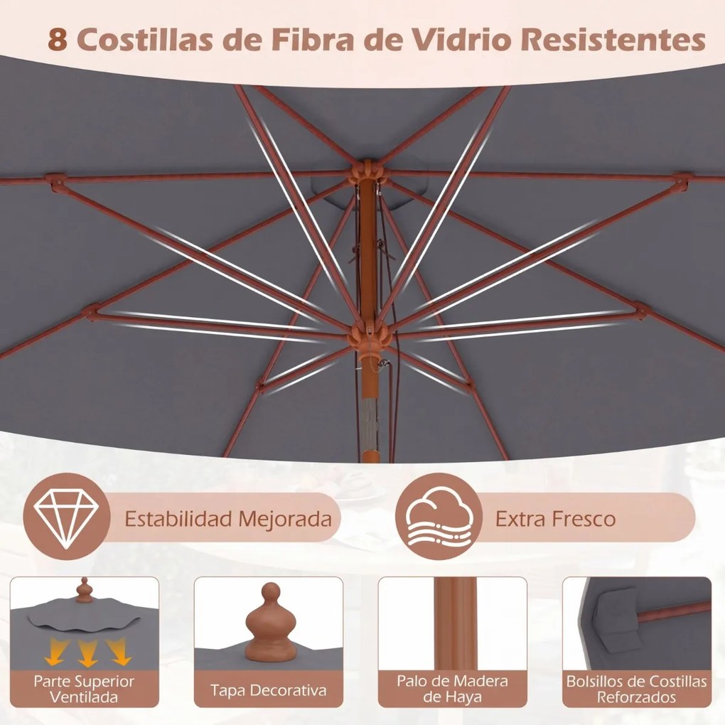 Guarda-sol para pátio de 300 cm com botão de inclinação (BASE NÃO INCLUIDA), cabo de madeira, cobertura ventilada e 8 varas – para jardim, praia, pisc