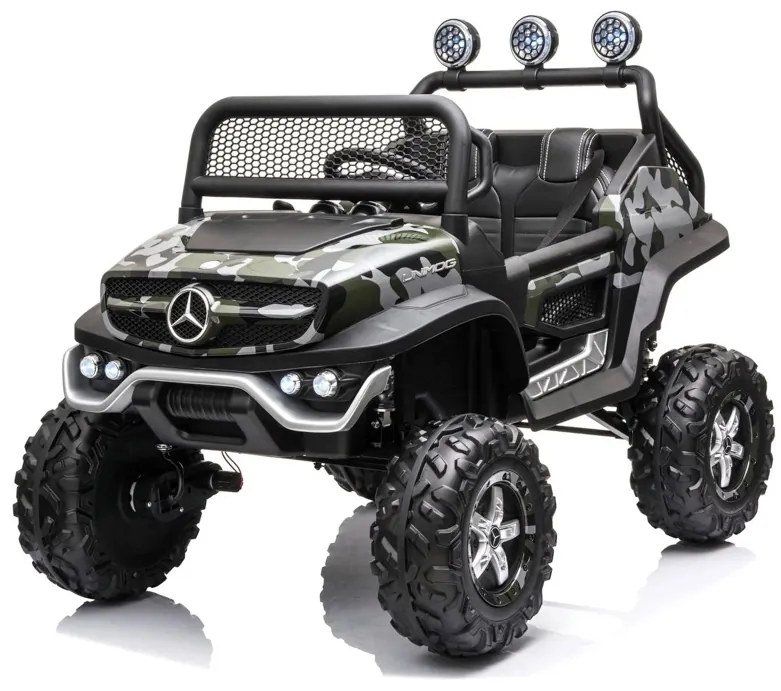 Carro elétrico para crianças Mercedes Unimog 12v, pneus de borracha, assento de couro camuflado