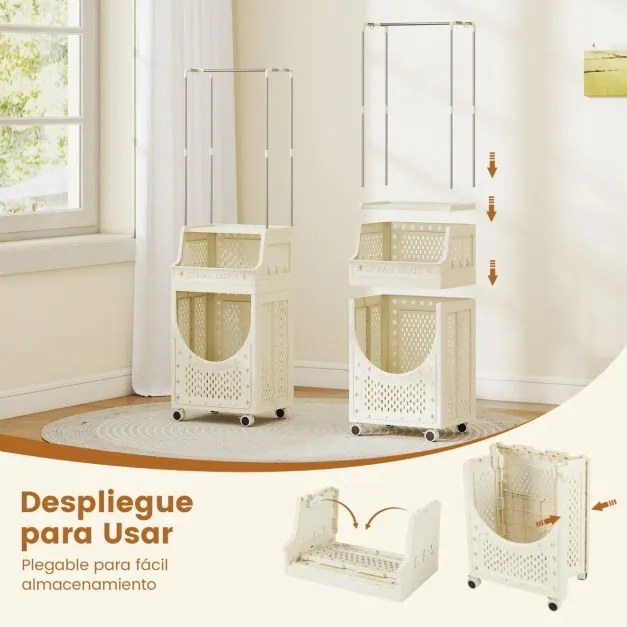 Carro para roupa suja 40 x 30 x 136 cm de 3 níveis com barra para pendurar dobrável com rodas bloqueáveis 8 ganchos para pendurar Bege