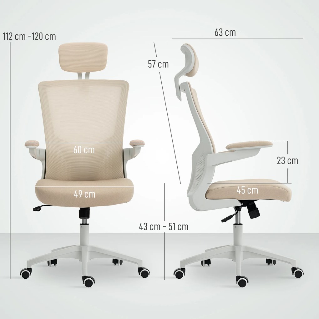 Cadeira de escritório ergonómica, cadeira de escritório, braços rebatíveis, apoio lombar, apoio para a cabeça, 60x63x120 cm, bege