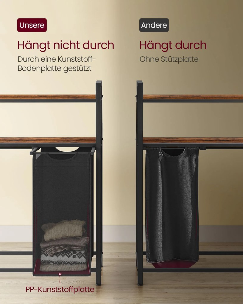 Cesto da roupa suja 115,6 x 33 x 92 cm com 4 compartimentos e 2 prateleiras, castanho vintage-preto