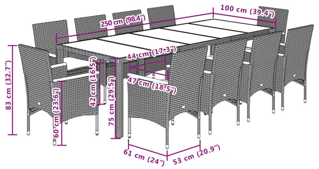 11 pcs conjunto jantar jardim c/ almofadões vime PE/vidro cinza