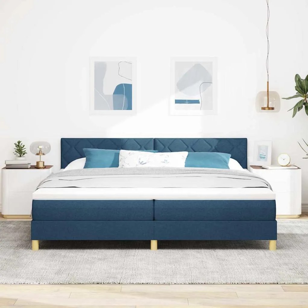Cama Box Spring com Colchão e LED Azul 200x200 cm Tecido