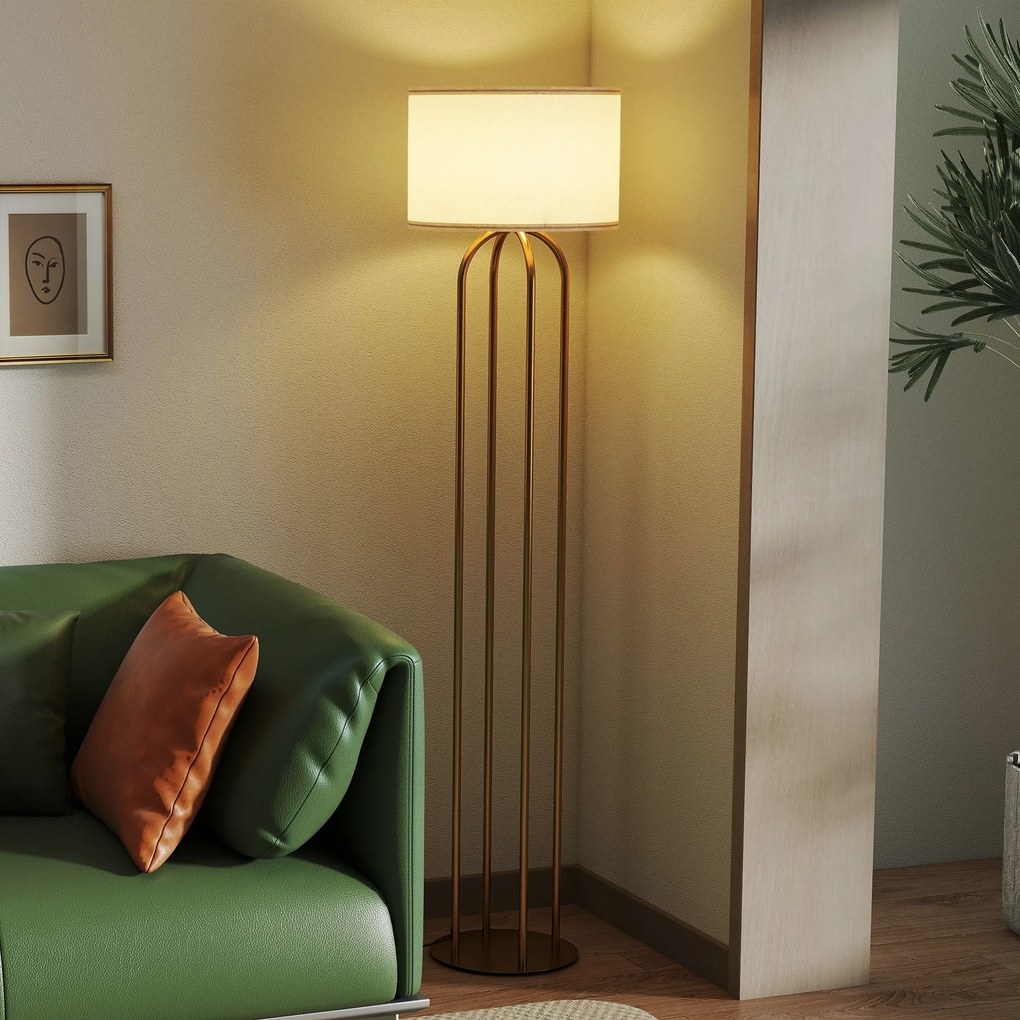 Candeeiro de pé para sala de estar, candeeiro de pé com abajur de linho e interruptor de pé, Ø 38 x 161 cm, dourado e bege