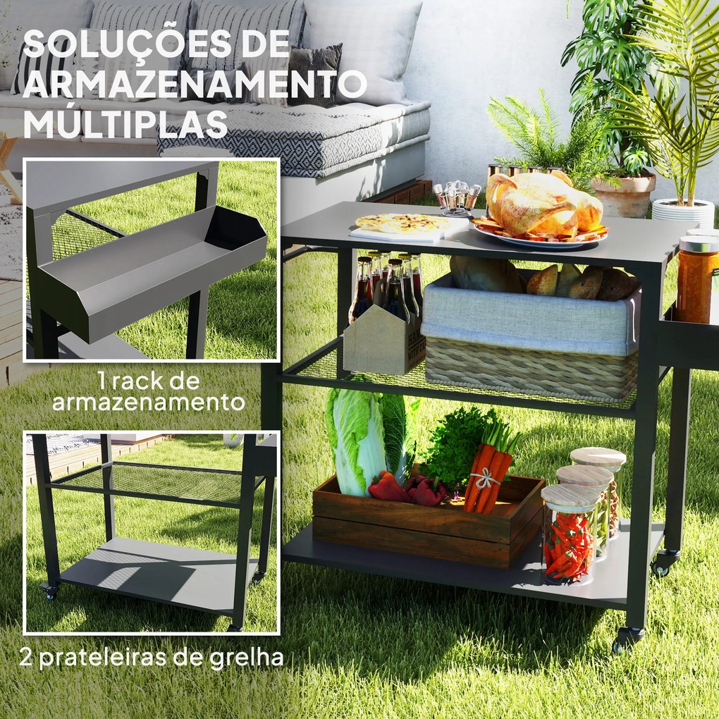 Carrinho de Apoio para churrasqueiras de 3 Níveis com 4 Rodas Prateleiras Mesa de Apoio para Forno de Pizza 105x50x79 cm Preto